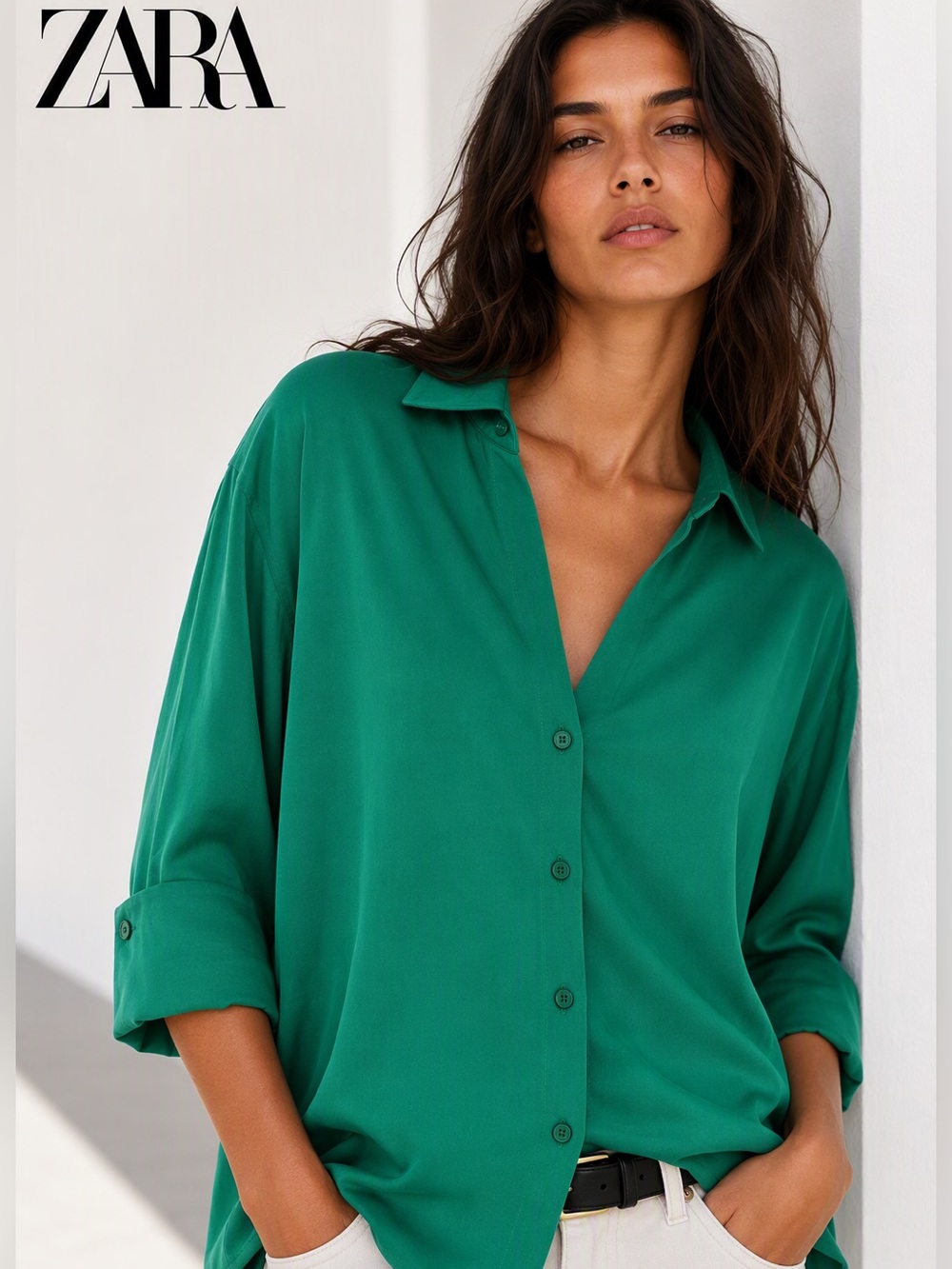 Zara oversized Emerald Green Relaxed Button-Down Shirt